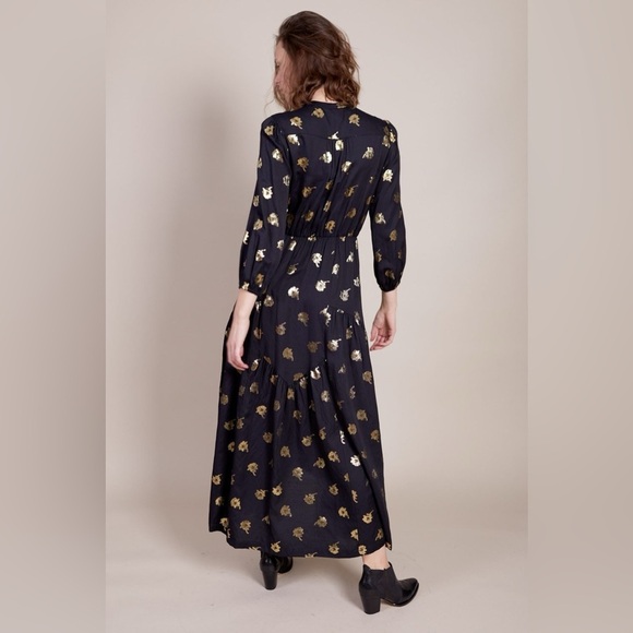 Warm NY / Ladyland black metallic gold floral long sleeve Maxi Dress 2 medium M - Picture 3 of 6